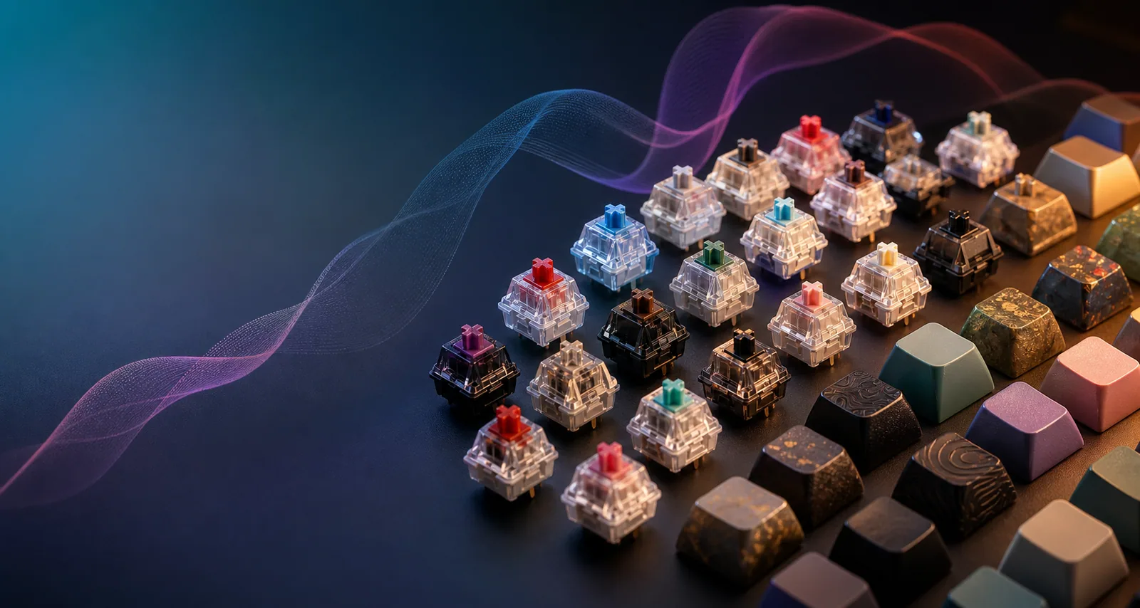 Assorted mechanical keyboard switches representing Klakk sound packs